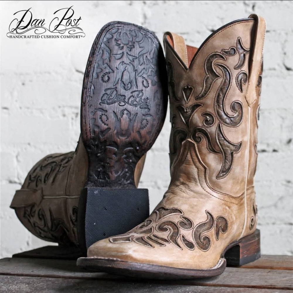 DAN POST DP4624 "Vanna" square toe leather cowboy boots Cream/Brown sz 9.5 EUC